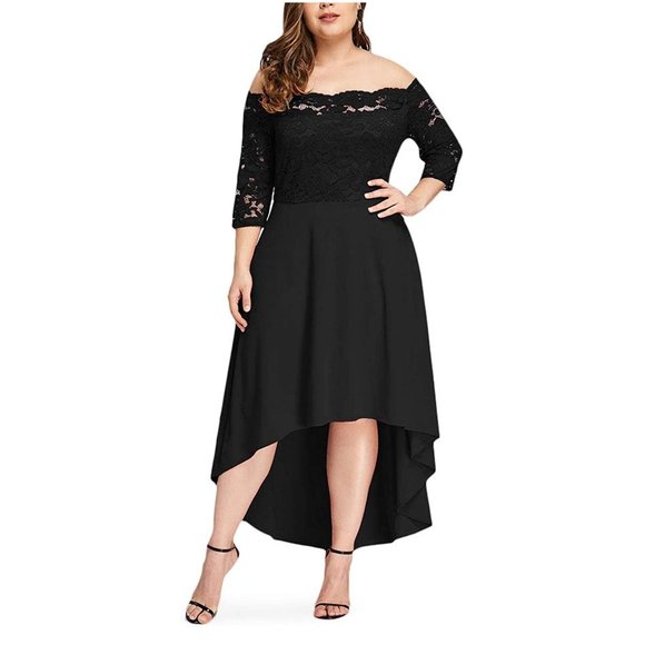 Dresses & Skirts - Women Off Shoulder High Low Hem 3/4 Sleeve Lace Detail Boho Flowy Long Dress XL